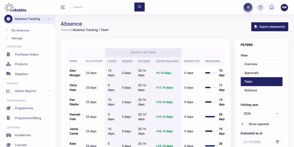 Team absence view with allocation, taken, booked and remaining days