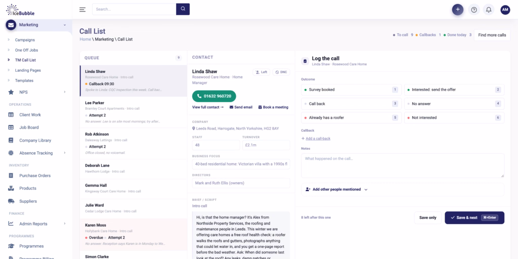 Call screen with the contact, company details and one-click call outcomes