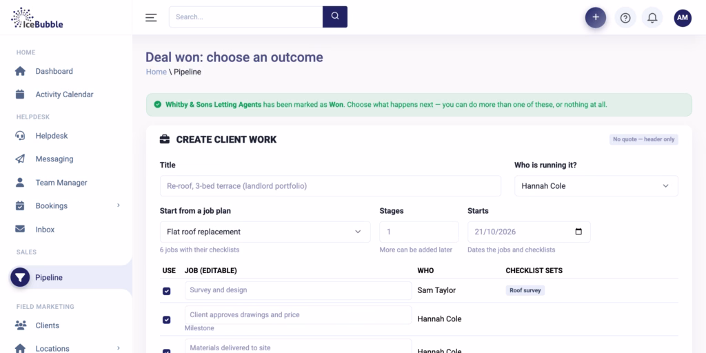 Deal marked as won, creating its jobs and checklists from a job plan