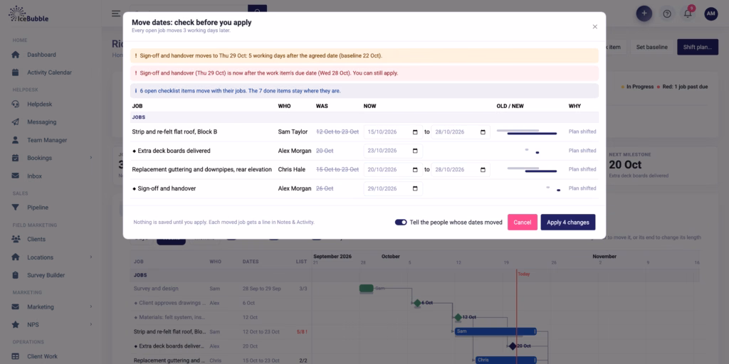 Move dates preview listing every job that shifts when the plan moves, before anything is applied
