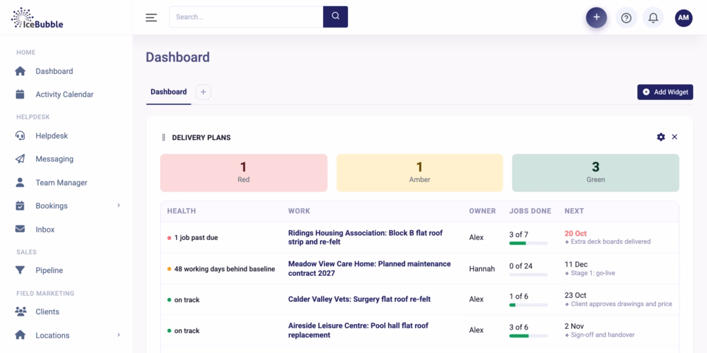 Dashboard widget showing open delivery plans as red, amber and green, at-risk plans first with the reason