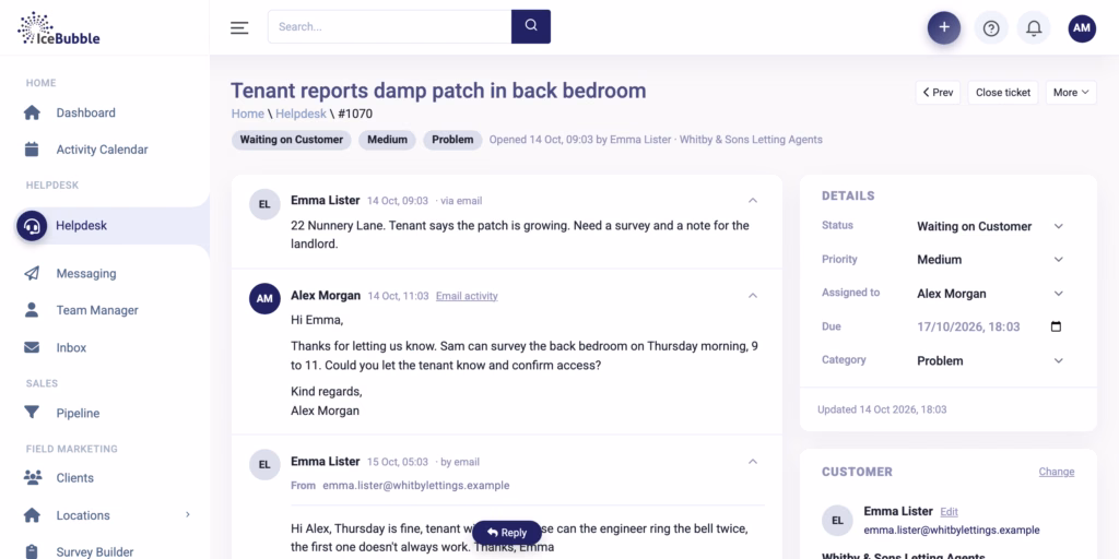 Helpdesk ticket with notes and replies in one thread