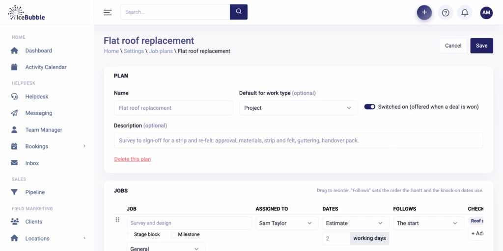 Job plan template in settings with stages, owners, durations and checklists