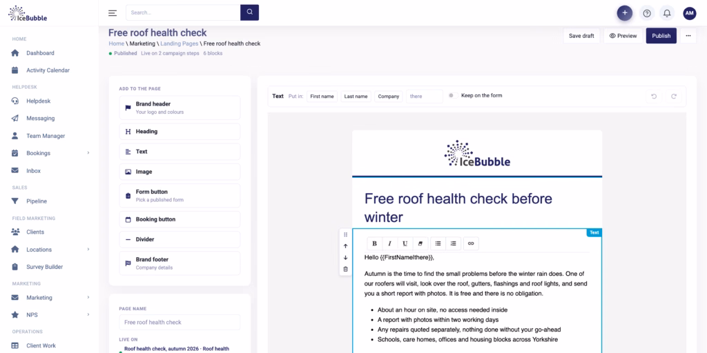 Landing page block editor with brand header, text and booking button