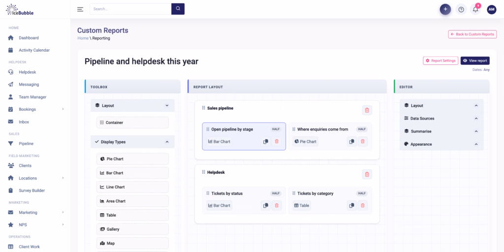 Report builder with chart blocks for sales pipeline and helpdesk