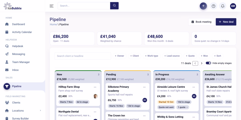 Sales pipeline board with deals as cards across each stage