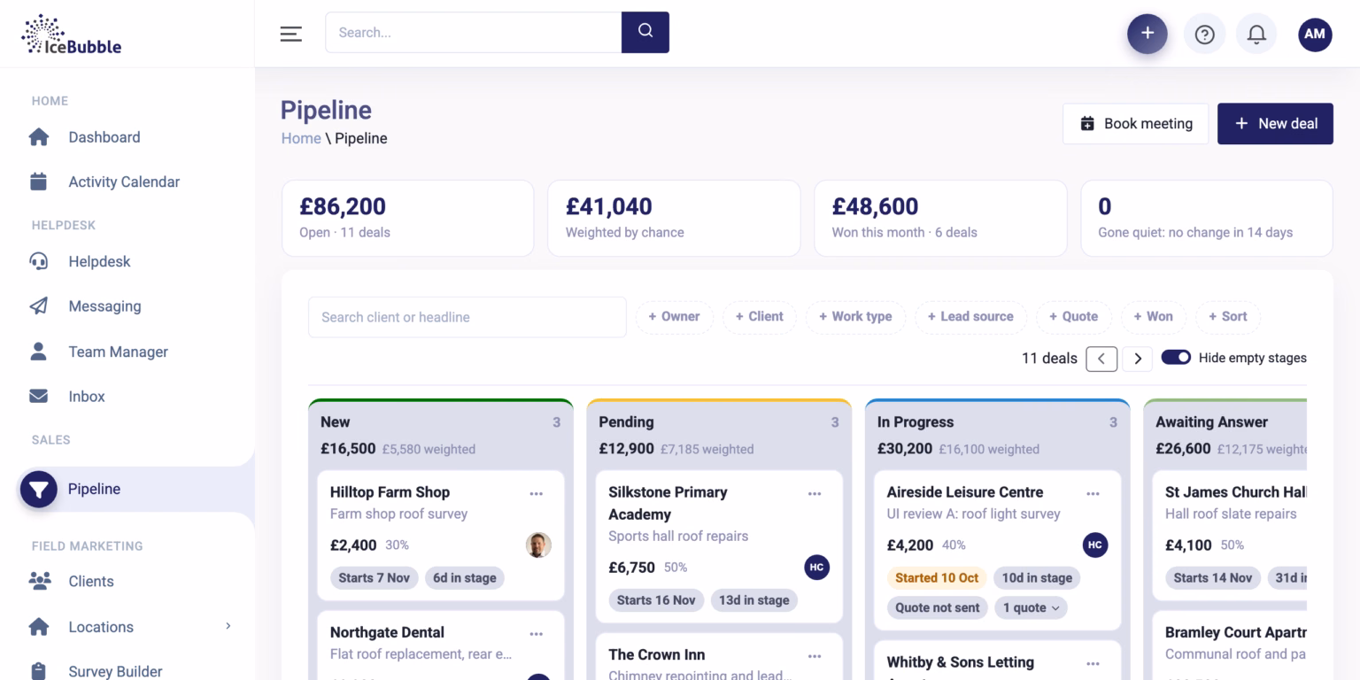 IceBubble CRM sales pipeline IceBubble CRM sales pipeline board, with deals as cards across each stage