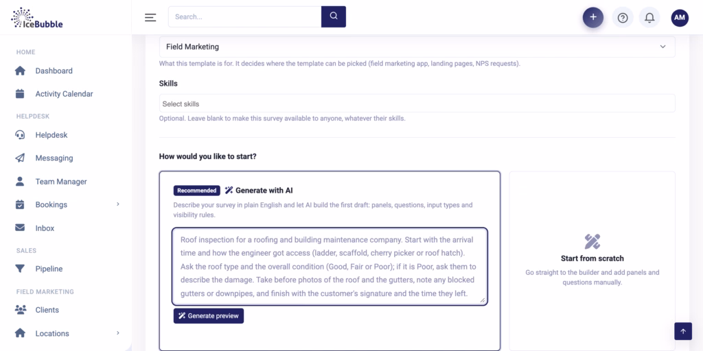 Survey builder generating a survey with AI from a plain English description